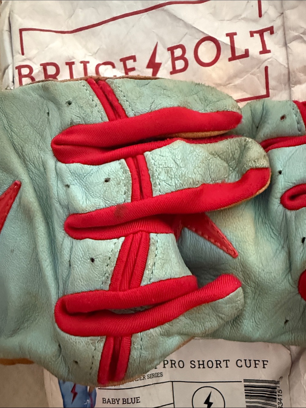 Bruce bolt Ym &xl Leather Work baseball gloves in Tan, Baby Blue & Red - Picture 13 of 14